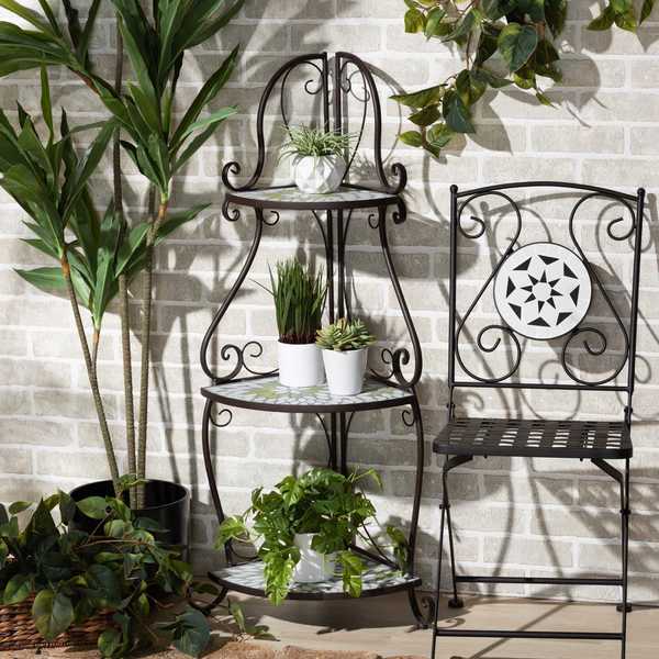 Baxton Studio Airell Modern & Contemporary Multi-Colored Glass and Black Metal 3-Tier Plant Stand 206-12099